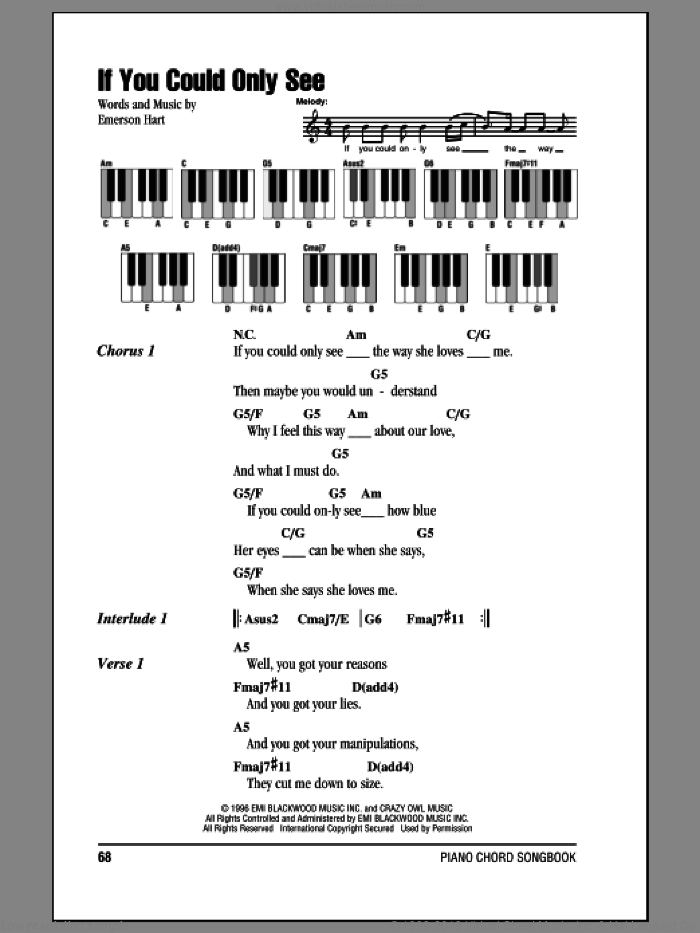 If You Could Only See sheet music for piano solo (chords, lyrics, melody) by Tonic and Emerson Hart, intermediate piano (chords, lyrics, melody)
