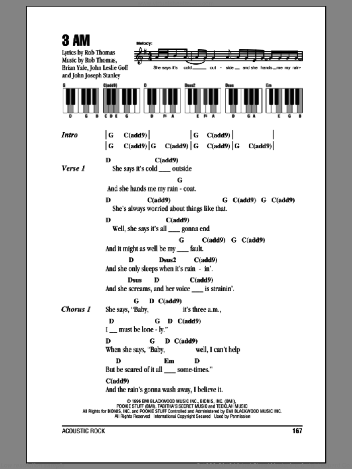 3 AM sheet music for piano solo (chords, lyrics, melody) by Matchbox Twenty, Brian Yale, Jay Stanley, John Goff and Rob Thomas, intermediate piano (chords, lyrics, melody)