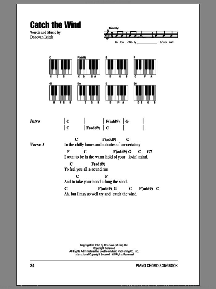 Catch The Wind sheet music for piano solo (chords, lyrics, melody) by Walter Donovan and Donovan Leitch, intermediate piano (chords, lyrics, melody)