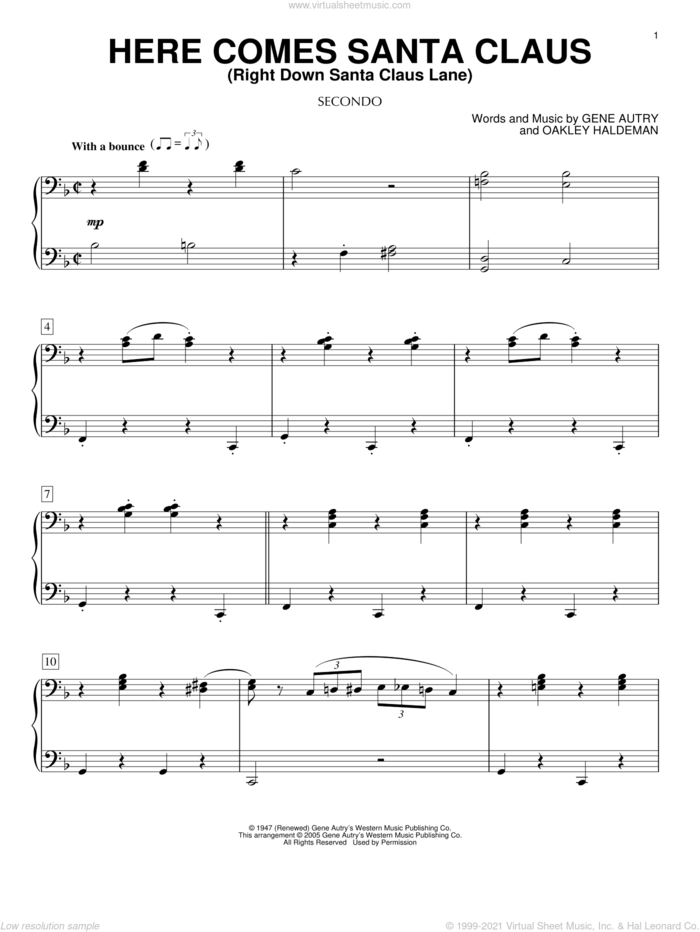 Here Comes Santa Claus (Right Down Santa Claus Lane) sheet music for piano four hands by Gene Autry, Eugenie Rocherolle and Oakley Haldeman, intermediate skill level