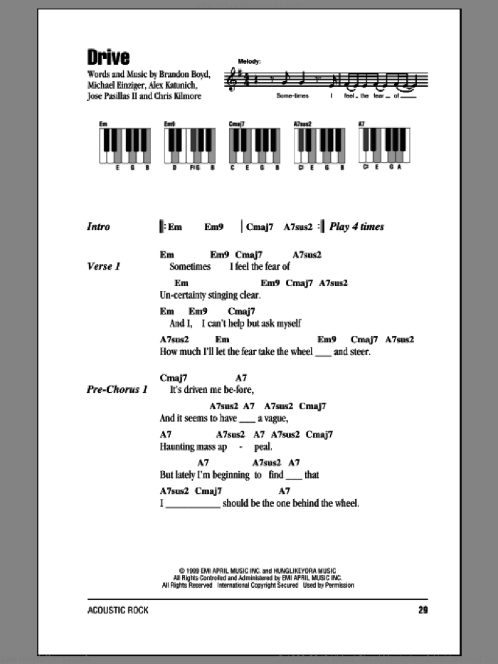 Drive sheet music for piano solo (chords, lyrics, melody) by Incubus, Alex Katunich, Brandon Boyd, Chris Kilmore, Jose Pasillas II and Michael Einziger, intermediate piano (chords, lyrics, melody)