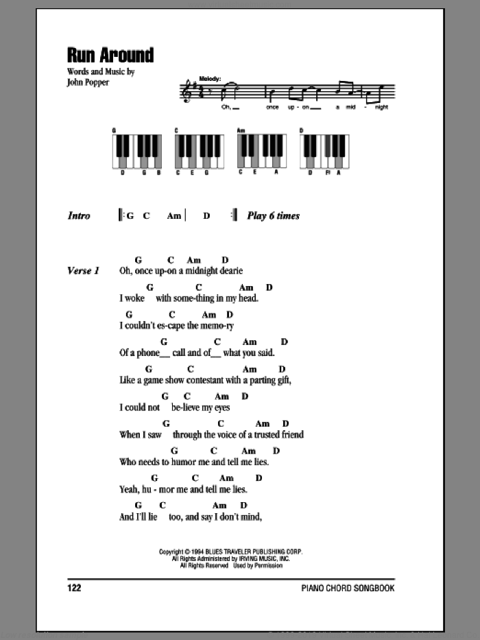 Run Around sheet music for piano solo (chords, lyrics, melody) by Blues Traveler and John Popper, intermediate piano (chords, lyrics, melody)