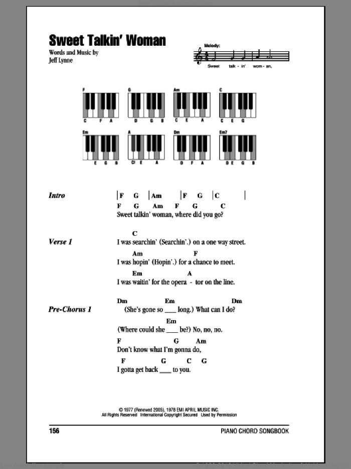 Sweet Talkin' Woman sheet music for piano solo (chords, lyrics, melody) by Electric Light Orchestra and Jeff Lynne, intermediate piano (chords, lyrics, melody)