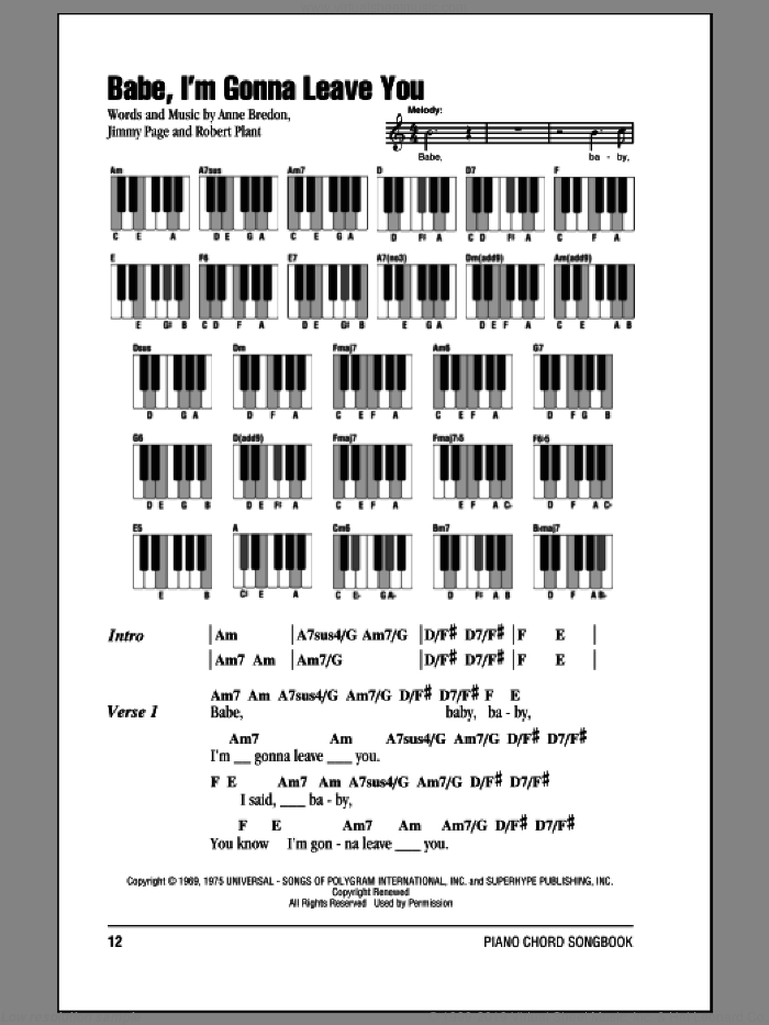 Babe, I'm Gonna Leave You sheet music for piano solo (chords, lyrics, melody) by Led Zeppelin, Anne Bredon, Jimmy Page and Robert Plant, intermediate piano (chords, lyrics, melody)