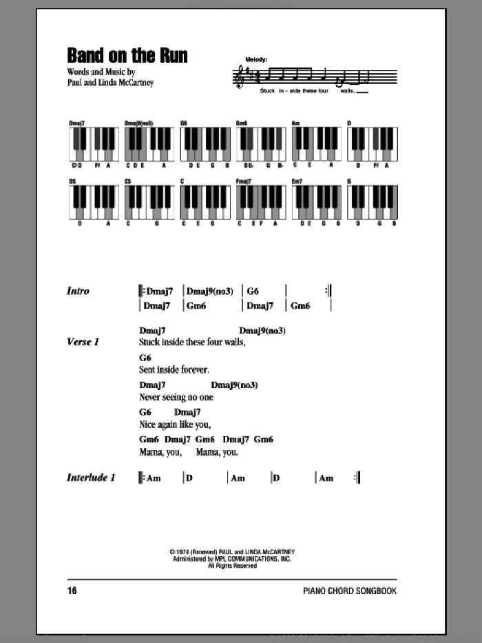 Band On The Run sheet music for piano solo (chords, lyrics, melody) by Paul McCartney, Paul McCartney and Wings and Linda McCartney, intermediate piano (chords, lyrics, melody)