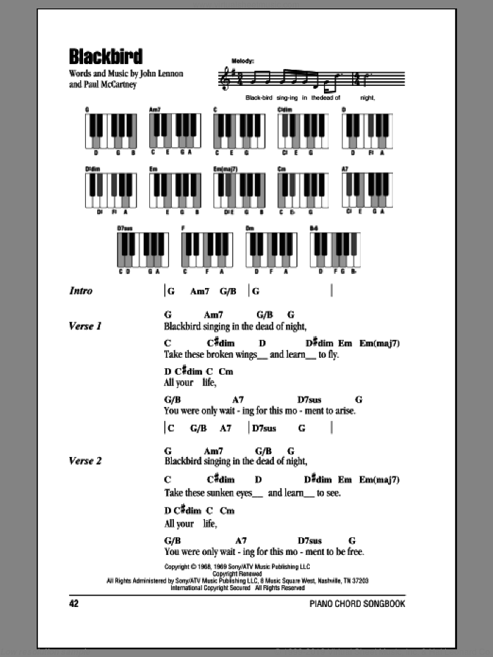 Blackbird sheet music for piano solo (chords, lyrics, melody) by The Beatles, John Lennon and Paul McCartney, intermediate piano (chords, lyrics, melody)