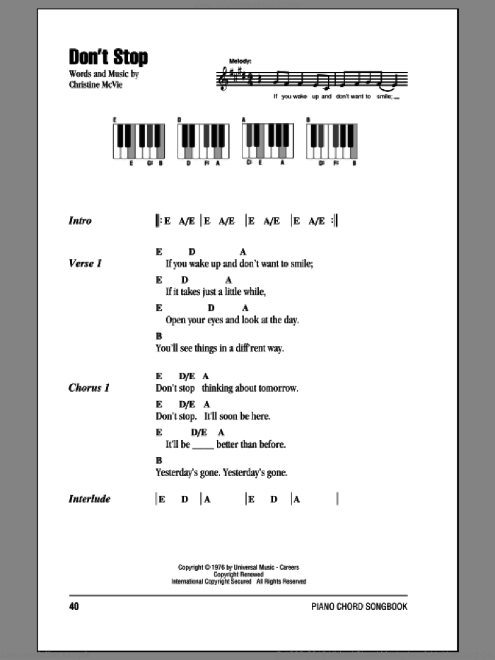 Don't Stop sheet music for piano solo (chords, lyrics, melody) by Fleetwood Mac and Christine McVie, intermediate piano (chords, lyrics, melody)