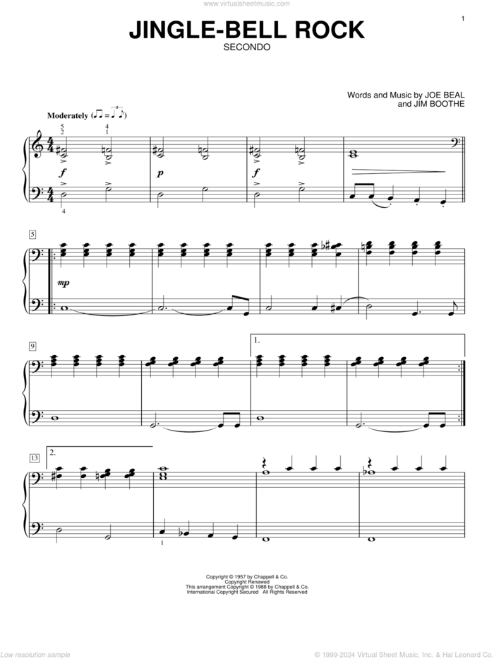 Jingle-Bell Rock sheet music for piano four hands by Bobby Helms, Jim Boothe and Joe Beal, intermediate skill level