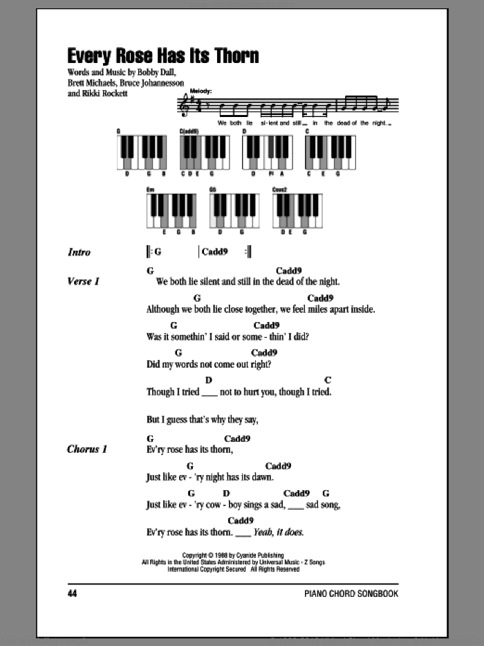 Every Rose Has Its Thorn sheet music for piano solo (chords, lyrics, melody) by Poison, Bobby Dall, Bret Michaels, C.C. Deville and Rikki Rockett, intermediate piano (chords, lyrics, melody)