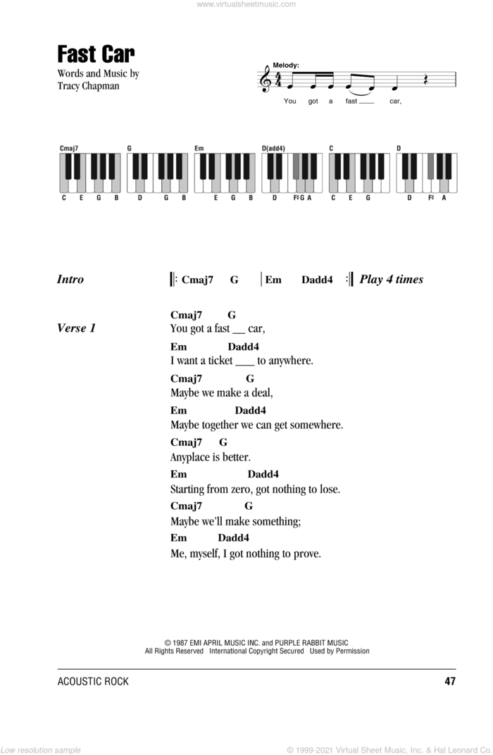 Fast Car sheet music for piano solo (chords, lyrics, melody) by Tracy Chapman, intermediate piano (chords, lyrics, melody)