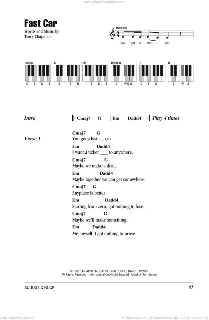 Fast Car sheet music for piano solo (chords, lyrics, melody) by Tracy Chapman, intermediate piano (chords, lyrics, melody)