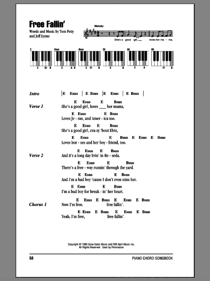 Free Fallin' sheet music for piano solo (chords, lyrics, melody) by Tom Petty and Jeff Lynne, intermediate piano (chords, lyrics, melody)