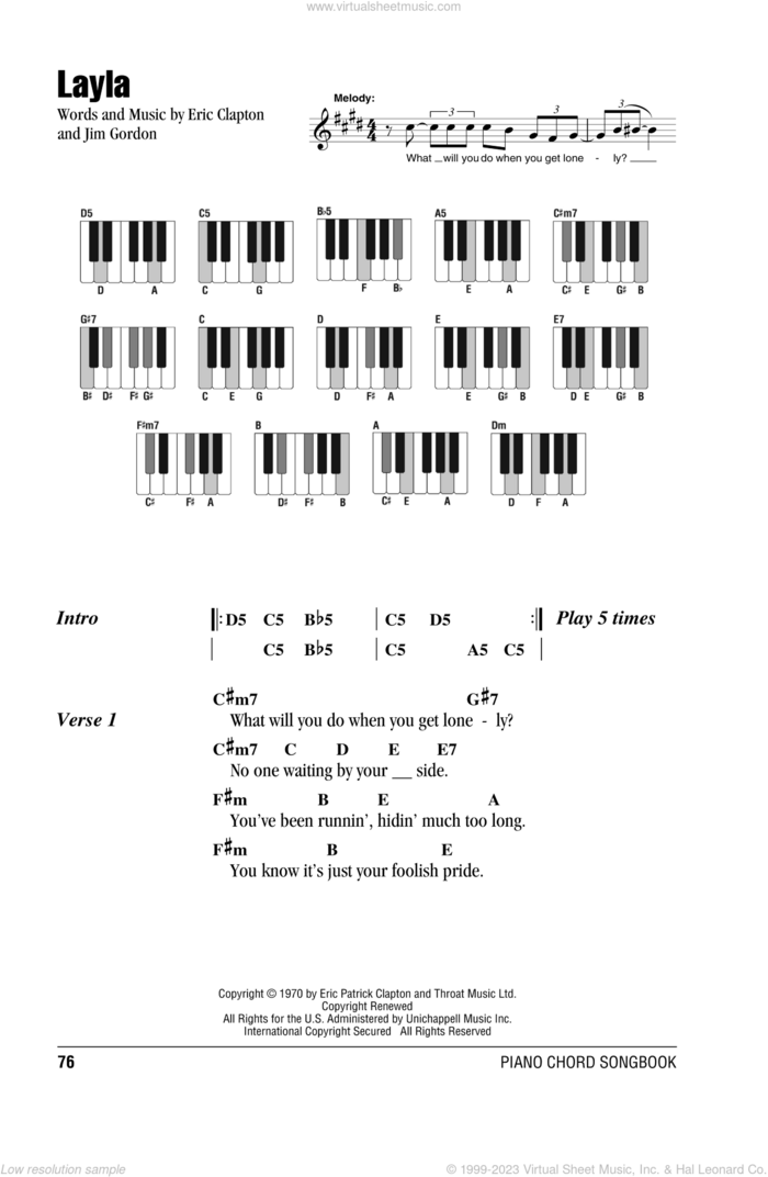 Layla sheet music for piano solo (chords, lyrics, melody) by Eric Clapton and Jim Gordon, intermediate piano (chords, lyrics, melody)