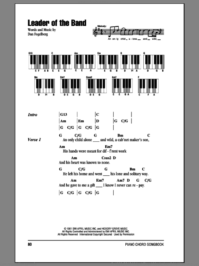 Leader Of The Band sheet music for piano solo (chords, lyrics, melody) by Dan Fogelberg, intermediate piano (chords, lyrics, melody)