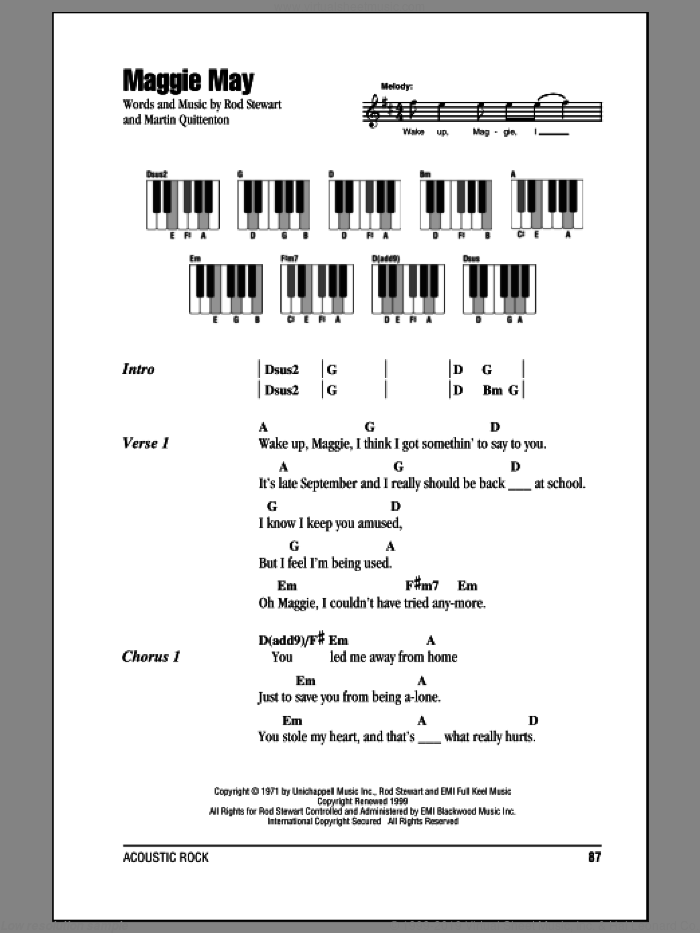 Maggie May sheet music for piano solo (chords, lyrics, melody) by Rod Stewart and Martin Quittenton, intermediate piano (chords, lyrics, melody)