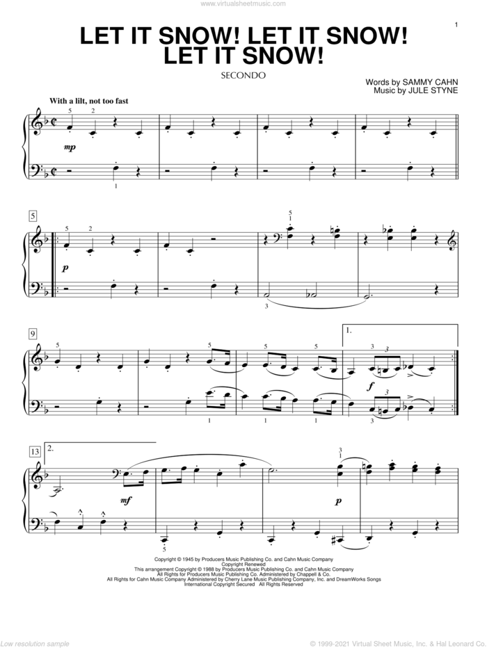 Let It Snow! Let It Snow! Let It Snow! sheet music for piano four hands by Sammy Cahn and Jule Styne, intermediate skill level