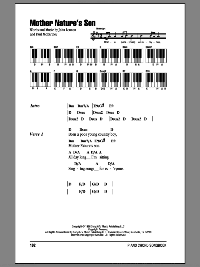 Mother Nature's Son sheet music for piano solo (chords, lyrics, melody) by The Beatles, John Lennon and Paul McCartney, intermediate piano (chords, lyrics, melody)