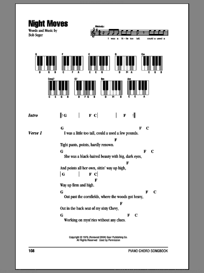 Night Moves sheet music for piano solo (chords, lyrics, melody) by Bob Seger, intermediate piano (chords, lyrics, melody)