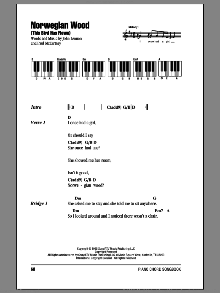 Norwegian Wood (This Bird Has Flown) sheet music for piano solo (chords, lyrics, melody) by The Beatles, John Lennon and Paul McCartney, intermediate piano (chords, lyrics, melody)