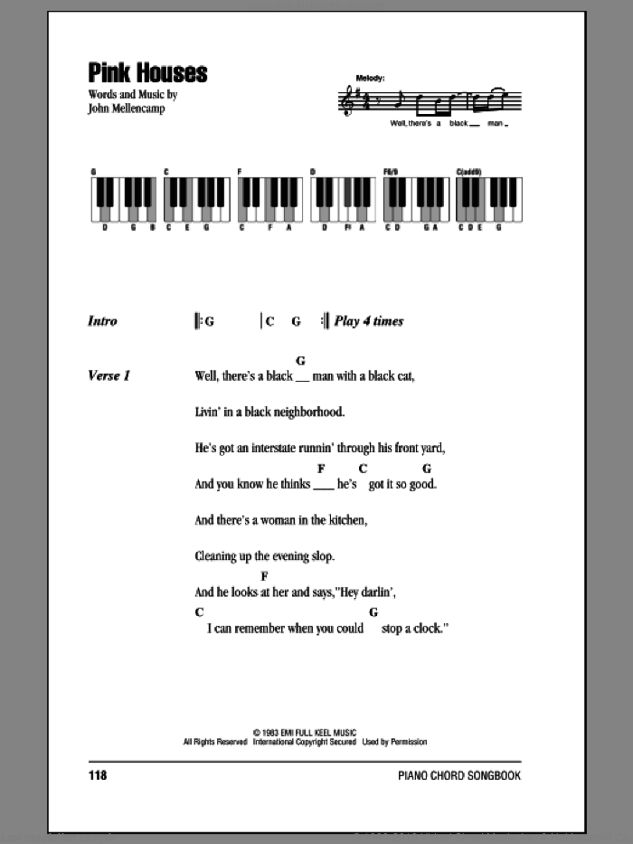 Pink Houses sheet music for piano solo (chords, lyrics, melody) by John Mellencamp, intermediate piano (chords, lyrics, melody)