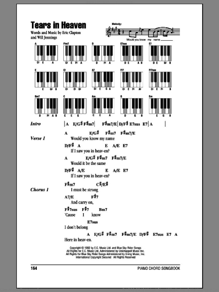 Tears In Heaven sheet music for piano solo (chords, lyrics, melody) by Eric Clapton and Will Jennings, intermediate piano (chords, lyrics, melody)