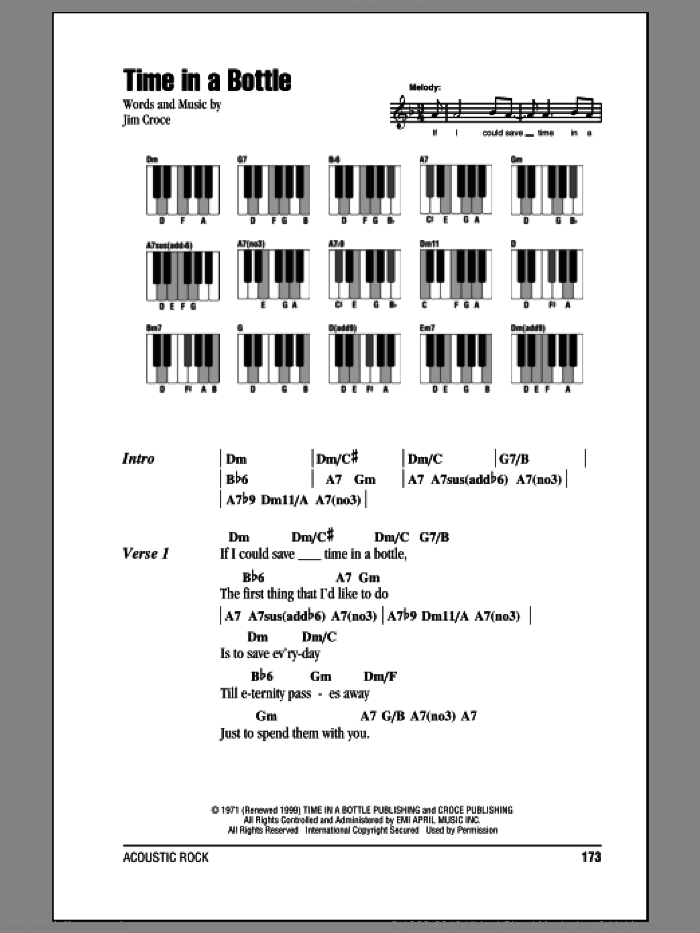 Time In A Bottle sheet music for piano solo (chords, lyrics, melody) by Jim Croce, intermediate piano (chords, lyrics, melody)