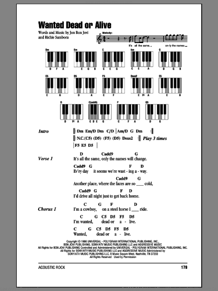 Wanted Dead Or Alive sheet music for piano solo (chords, lyrics, melody) by Bon Jovi and Richie Sambora, intermediate piano (chords, lyrics, melody)