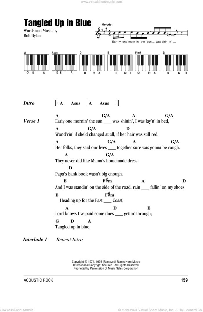 Tangled Up In Blue sheet music for piano solo (chords, lyrics, melody) by Bob Dylan, intermediate piano (chords, lyrics, melody)