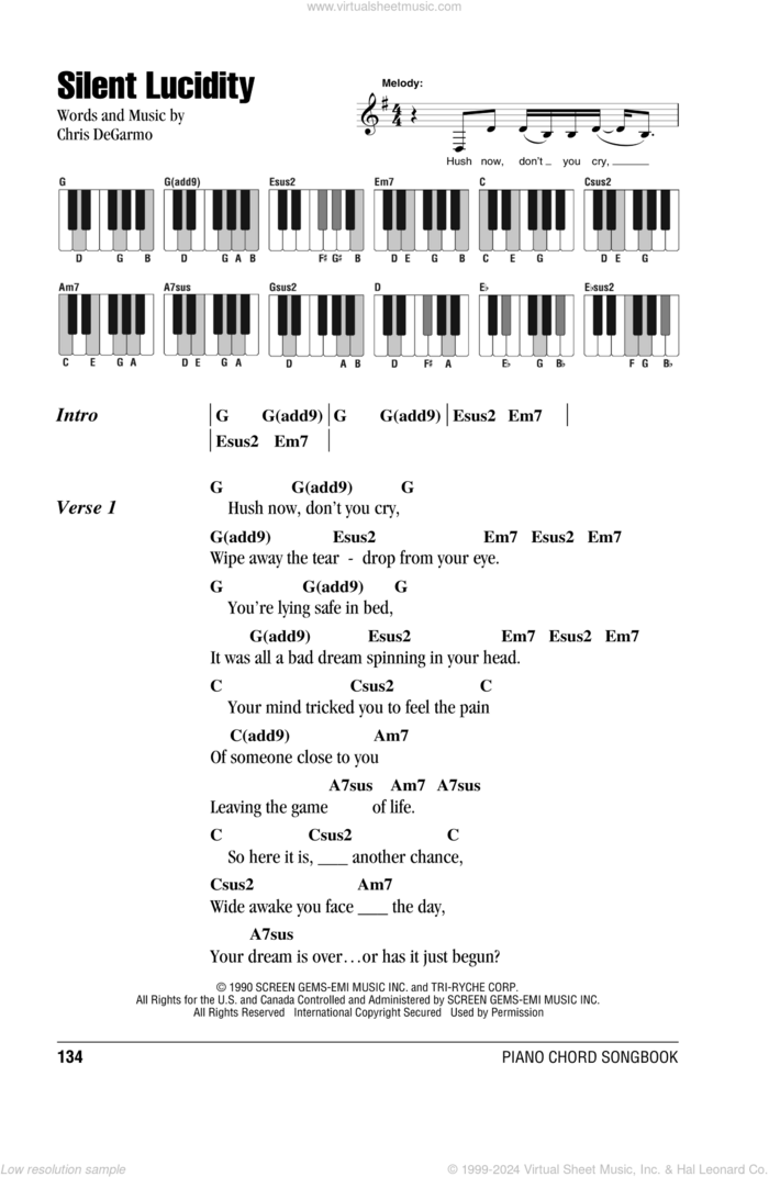 Silent Lucidity sheet music for piano solo (chords, lyrics, melody) by Queensryche and Chris DeGarmo, intermediate piano (chords, lyrics, melody)