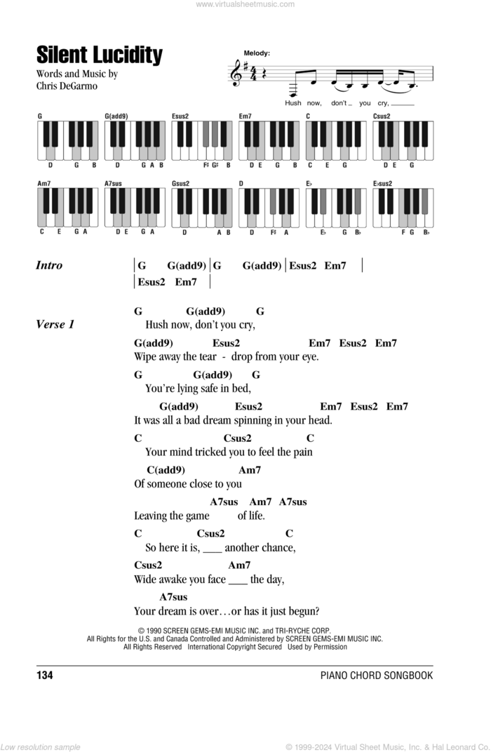 Silent Lucidity sheet music for piano solo (chords, lyrics, melody) by Queensryche and Chris DeGarmo, intermediate piano (chords, lyrics, melody)