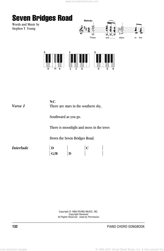 Seven Bridges Road sheet music for piano solo (chords, lyrics, melody) by Stephen T. Young and The Eagles, intermediate piano (chords, lyrics, melody)