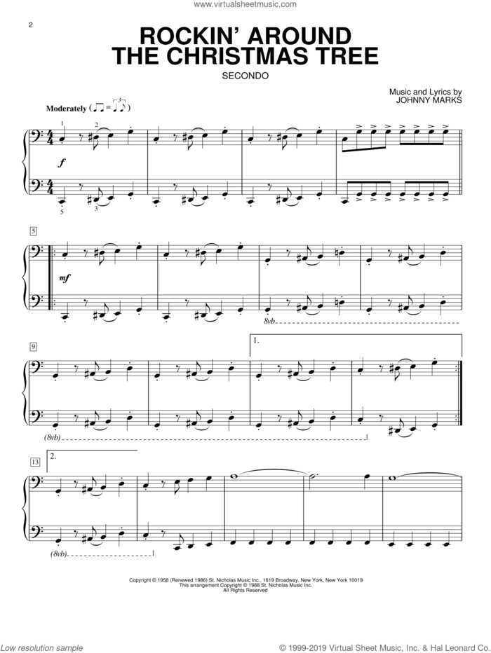Rockin' Around The Christmas Tree sheet music for piano four hands by Brenda Lee, LeAnn Rimes and Johnny Marks, intermediate skill level