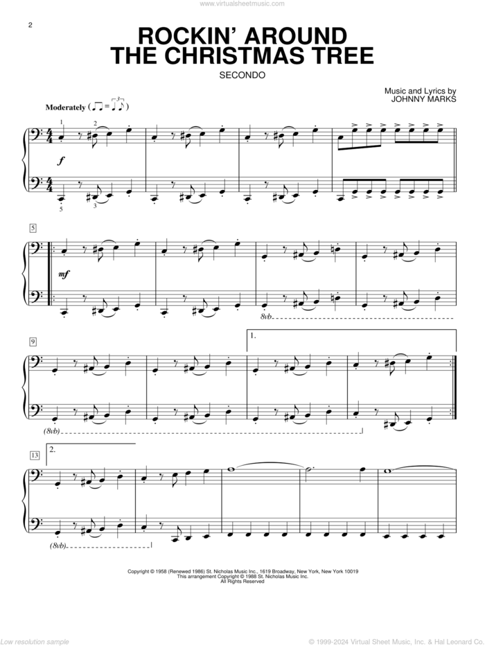 Rockin' Around The Christmas Tree sheet music for piano four hands by Brenda Lee, LeAnn Rimes and Johnny Marks, intermediate skill level