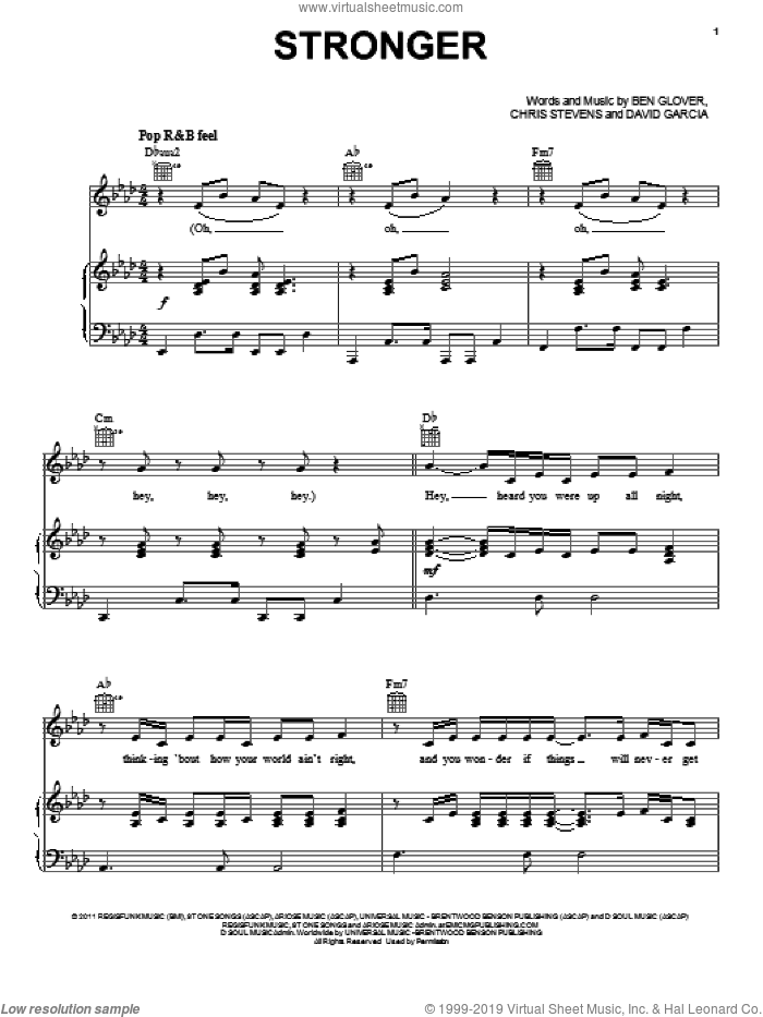 Stronger sheet music for voice, piano or guitar by Mandisa, Ben Glover, Chris Stevens and David Garcia, intermediate skill level