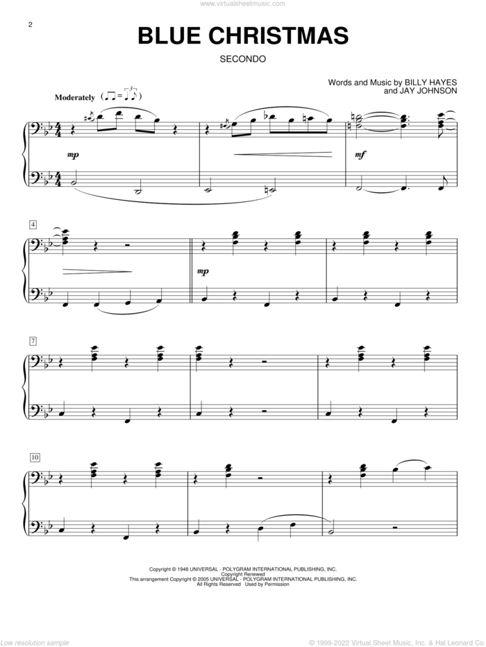 Blue Christmas sheet music for piano four hands by Elvis Presley, Billy Hayes and Jay Johnson, intermediate skill level