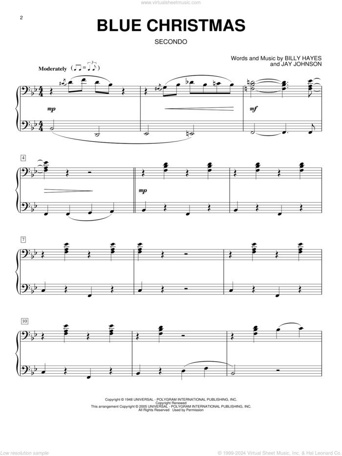 Blue Christmas sheet music for piano four hands by Elvis Presley, Billy Hayes and Jay Johnson, intermediate skill level