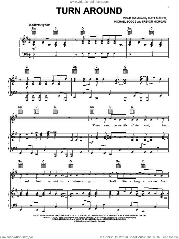 Turn Around sheet music for voice, piano or guitar by Trevor Morgan, Matt Maher and Michael Boggs, intermediate skill level