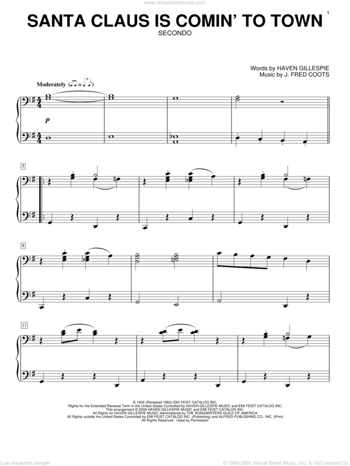 Santa Claus Is Comin' To Town sheet music for piano four hands by J. Fred Coots and Haven Gillespie, intermediate skill level