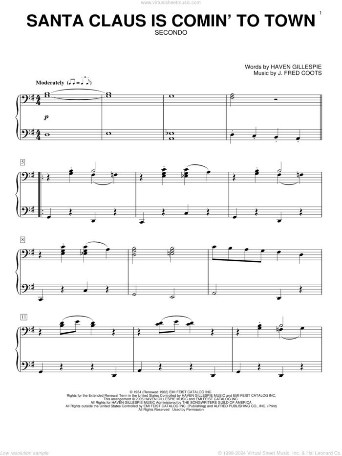 Santa Claus Is Comin' To Town sheet music for piano four hands by J. Fred Coots and Haven Gillespie, intermediate skill level