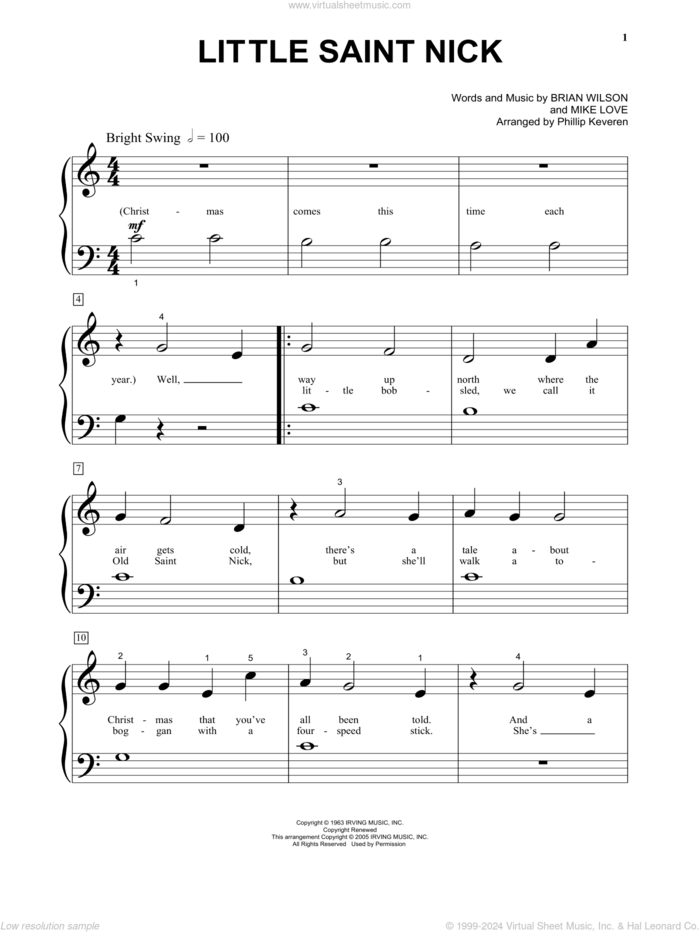 Little Saint Nick (arr. Phillip Keveren) sheet music for piano solo by The Beach Boys, Phillip Keveren, Brian Wilson and Mike Love, beginner skill level