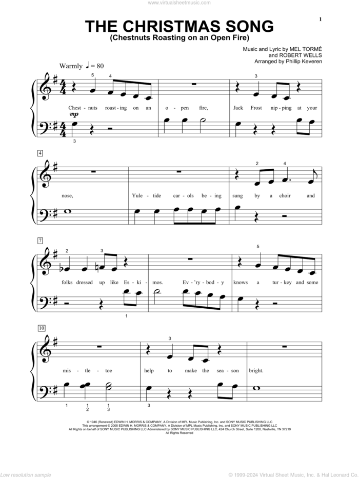 The Christmas Song (Chestnuts Roasting On An Open Fire) (arr. Phillip Keveren), (beginner) (Chestnuts Roasting On An Open Fire) sheet music for piano solo by Mel Torme, Phillip Keveren and Robert Wells, beginner skill level