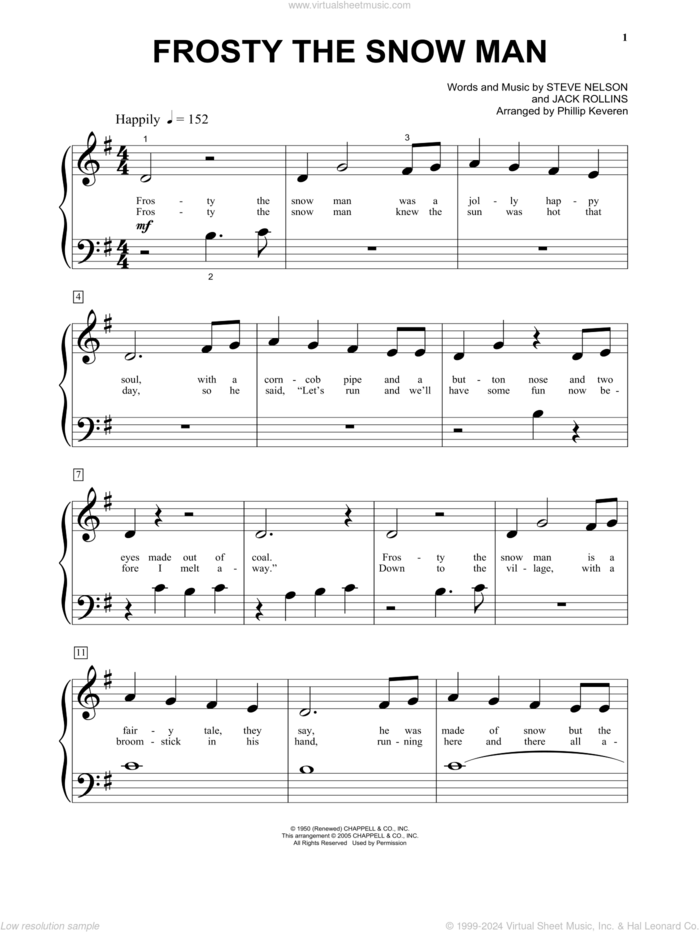 Frosty The Snow Man (arr. Phillip Keveren) sheet music for piano solo by Gene Autry, Phillip Keveren, Jack Rollins and Steve Nelson, beginner skill level