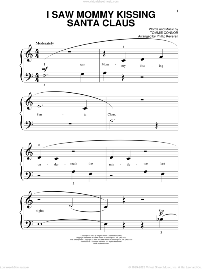 I Saw Mommy Kissing Santa Claus (arr. Phillip Keveren) sheet music for piano solo by Tommie Connor and Phillip Keveren, beginner skill level