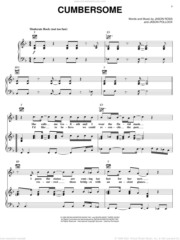 Cumbersome sheet music for voice, piano or guitar by Seven Mary Three, Jason Pollock and Jason Ross, intermediate skill level