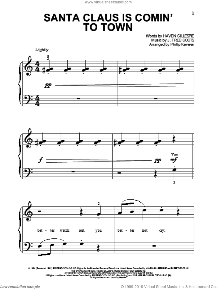 Santa Claus Is Comin' To Town (arr. Phillip Keveren) sheet music for piano solo (big note book) by J. Fred Coots, Phillip Keveren and Haven Gillespie, easy piano (big note book)