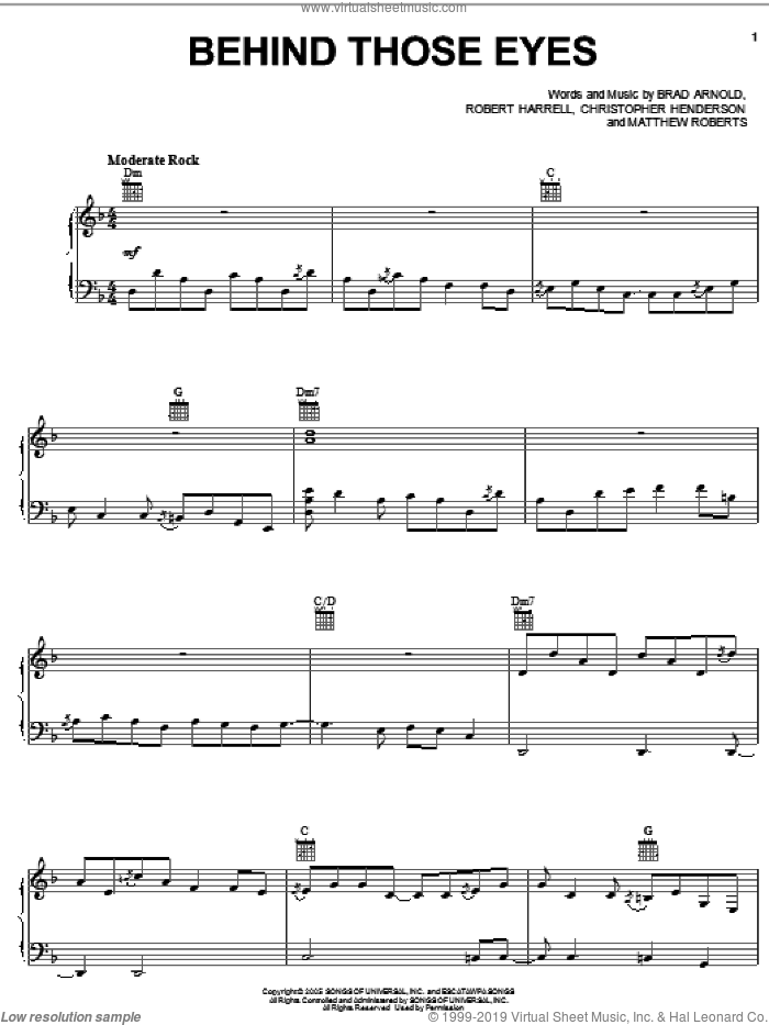 Behind Those Eyes sheet music for voice, piano or guitar by 3 Doors Down, Brad Arnold, Christopher Henderson, Matthew Roberts and Robert Harrell, intermediate skill level