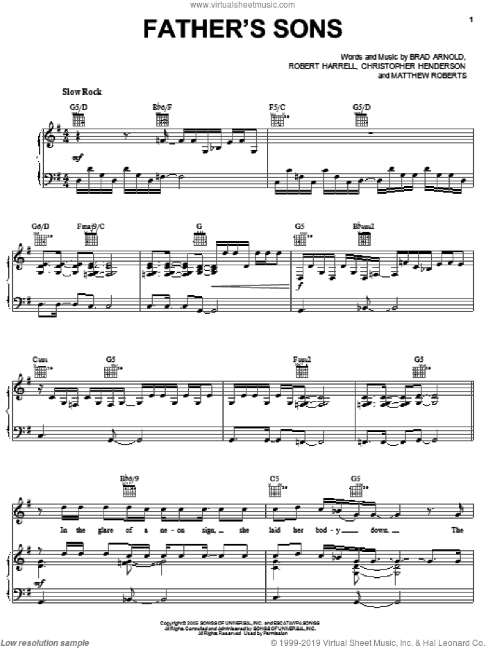 Father's Sons sheet music for voice, piano or guitar by 3 Doors Down, Brad Arnold, Christopher Henderson, Matthew Roberts and Robert Harrell, intermediate skill level