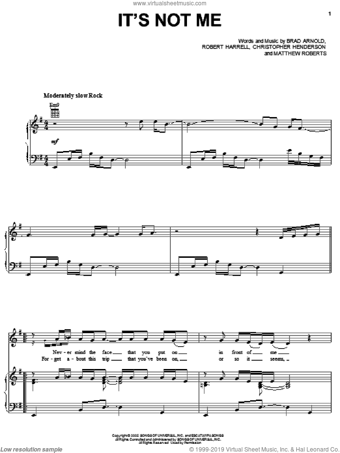 It's Not Me sheet music for voice, piano or guitar by 3 Doors Down, Brad Arnold, Christopher Henderson, Matthew Roberts and Robert Harrell, intermediate skill level