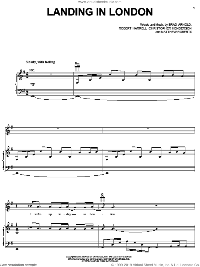 Landing In London sheet music for voice, piano or guitar by 3 Doors Down, Brad Arnold, Christopher Henderson, Matthew Roberts and Robert Harrell, intermediate skill level
