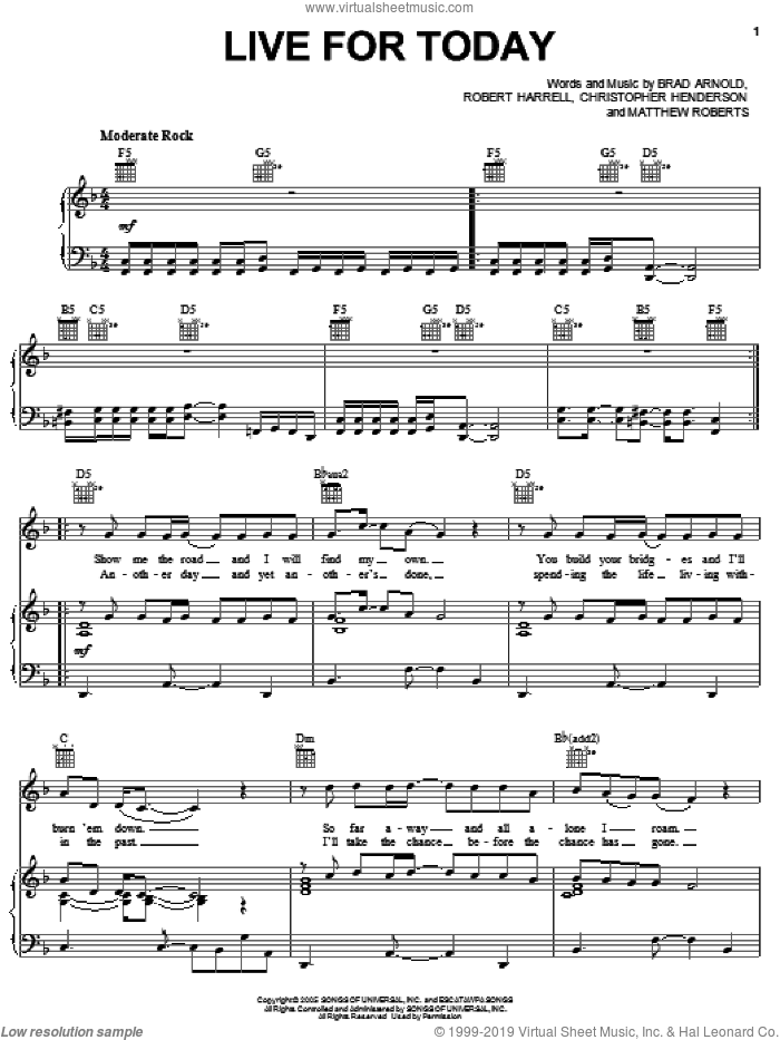 Live For Today sheet music for voice, piano or guitar by 3 Doors Down, Brad Arnold, Christopher Henderson, Matthew Roberts and Robert Harrell, intermediate skill level